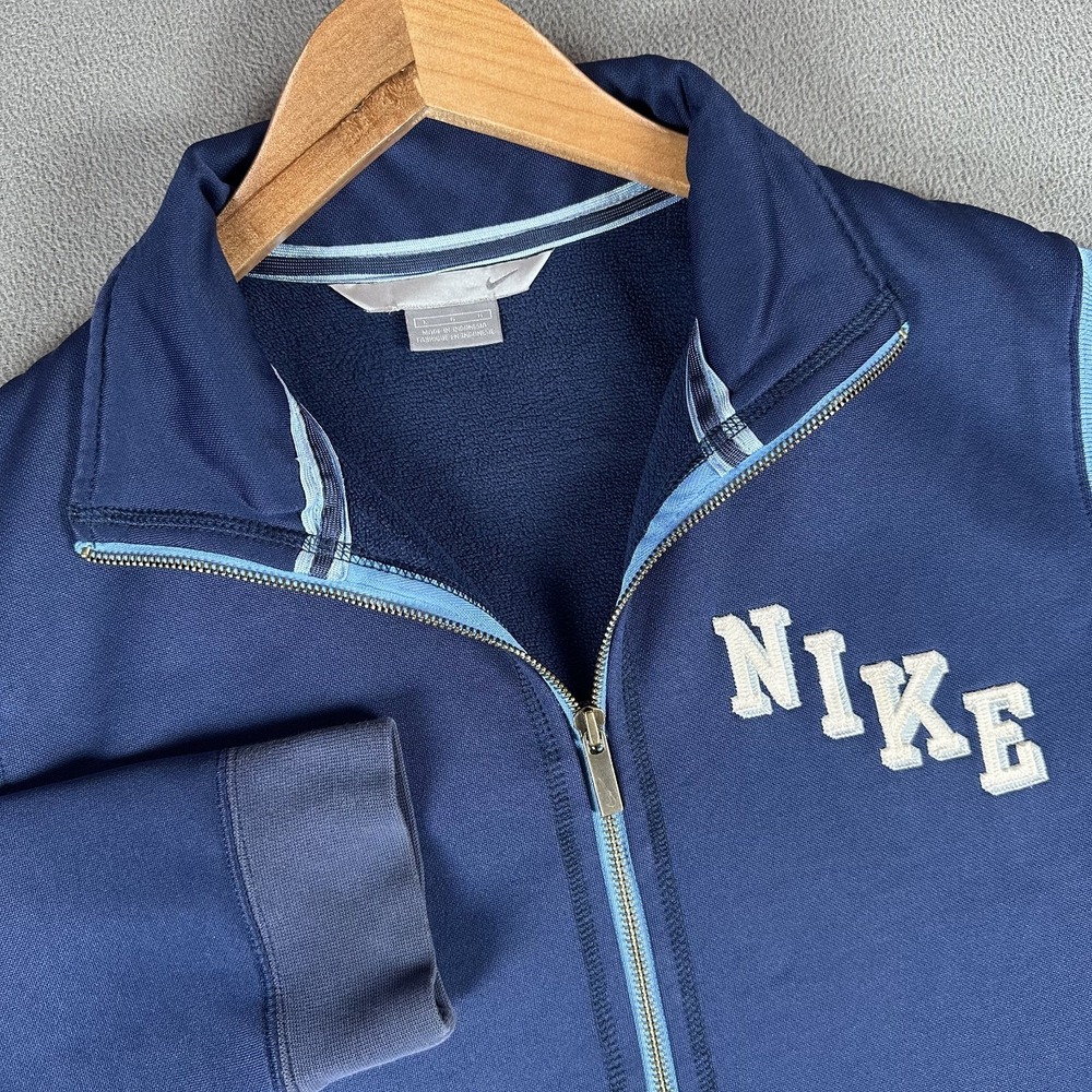 Nike Track Jacket Mens Large Blue Embroidered Logo Full Zip‎ Y2K Grey Tag